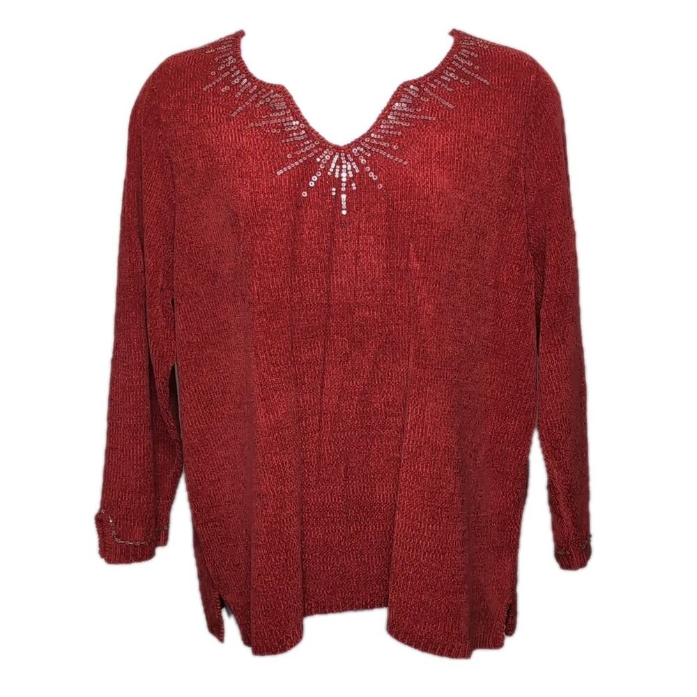 Quacker Factory Embellished Sweater Womens‎ Plus Size 1X Red Chenille NEW NWT - Picture 2 of 15